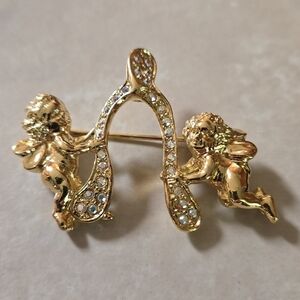 Kirk's Folly angels With Wishbone Gold Tone AB Rhinestone Brooch Pin